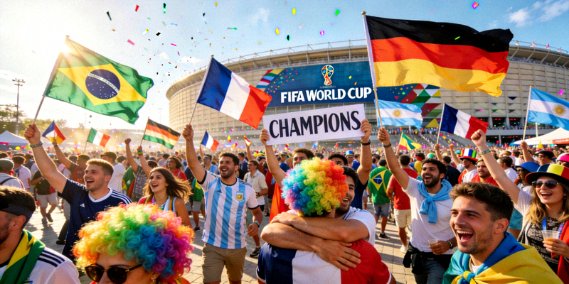 世界杯球迷在体育场外热情庆祝，挥舞各国国旗